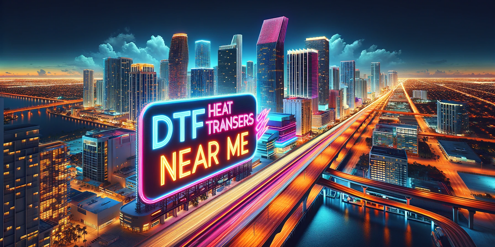 'DTF Heat Transfers Near Me' over the city, illustrating the dynamic digital printing scene in Miami."
