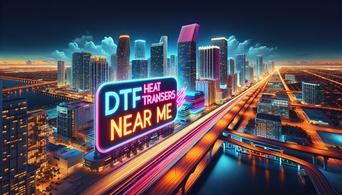 'DTF Heat Transfers Near Me' over the city, illustrating the dynamic digital printing scene in Miami."