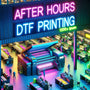 A busy DTF printing workshop at night, showcasing DTF Miami Prints' 24/7 service.