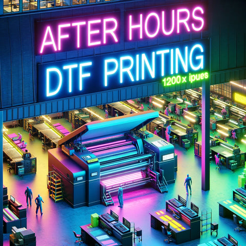 A busy DTF printing workshop at night, showcasing DTF Miami Prints' 24/7 service.