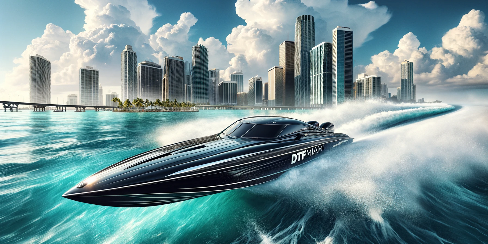 Speedboat with 'DTF Miami' inscription racing past Miami skyline, epitomizing the rapid service of DTF Miami Prints.