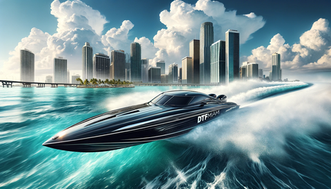 Speedboat with 'DTF Miami' inscription racing past Miami skyline, epitomizing the rapid service of DTF Miami Prints.