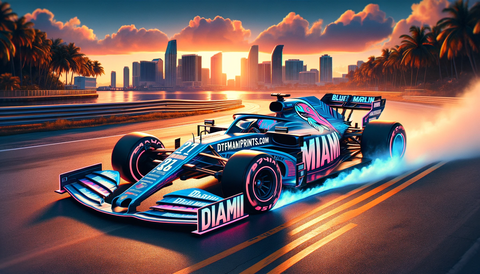 A fast-moving Formula 1 car, symbolizing the rapid delivery and high-speed service of DTF Miami Prints.