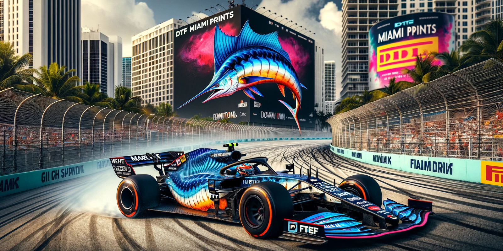 A high-resolution DTF print of a Formula 1 car in action, showcasing the vivid colors and sharp detailing characteristic of DTF Miami's quality prints.