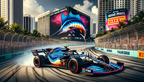A high-resolution DTF print of a Formula 1 car in action, showcasing the vivid colors and sharp detailing characteristic of DTF Miami's quality prints.